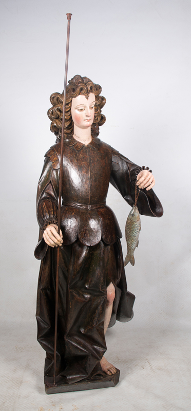"Archangel Saint Raphael". Large carved and polychromed wooden sculpture. Colonial. 17th century. - Image 2 of 6
