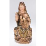 "Virgin in Majesty (Sede Sapientiae)". Gilt and polychrome carved wooden sculpture. Gothic. 14th