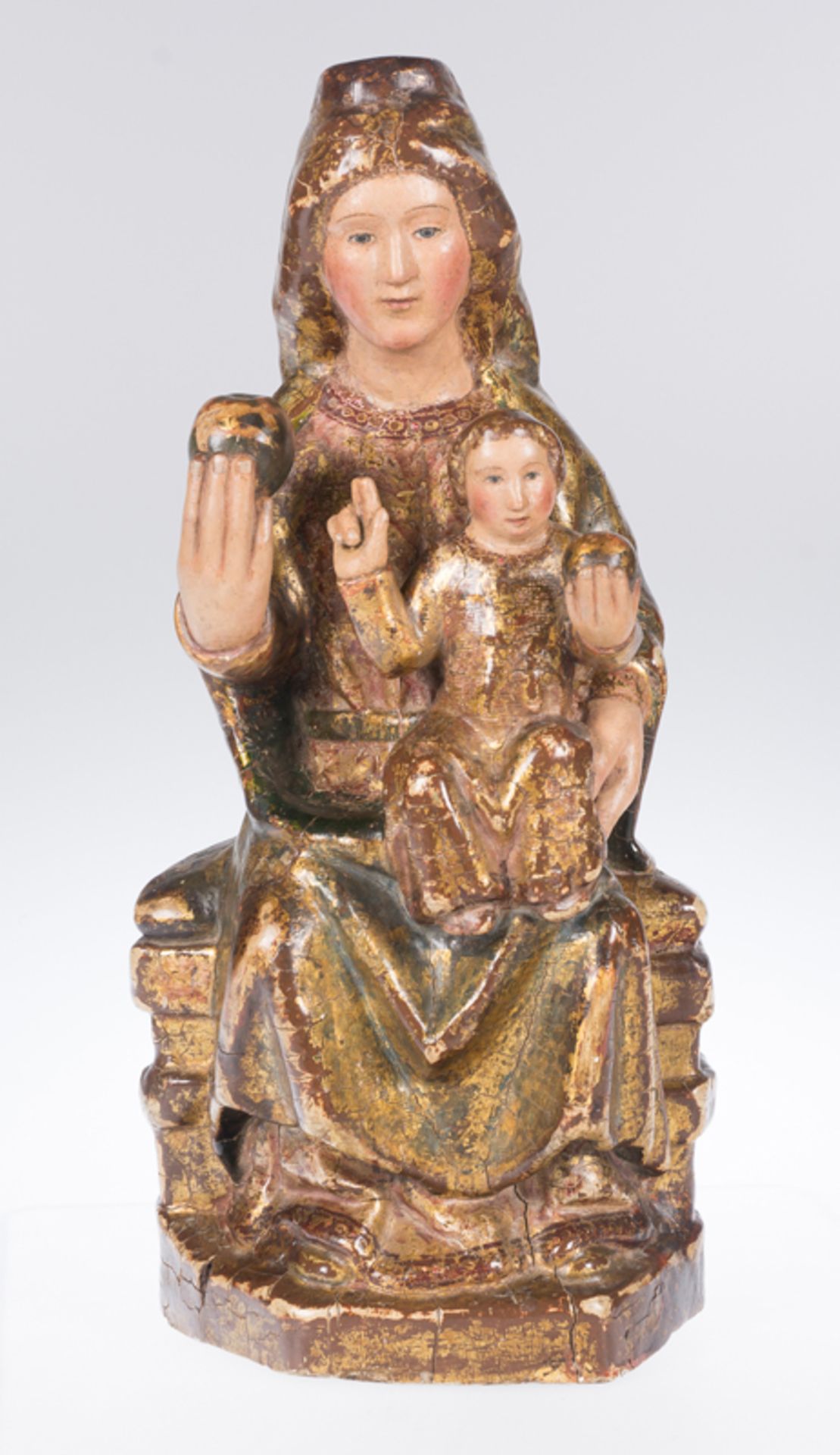 "Virgin in Majesty (Sede Sapientiae)". Gilt and polychrome carved wooden sculpture. Gothic. 14th