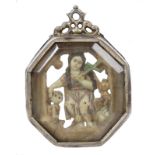 Large silver, rock crystal and polychromed ivory medallion with gilt residue. 16th century.Large