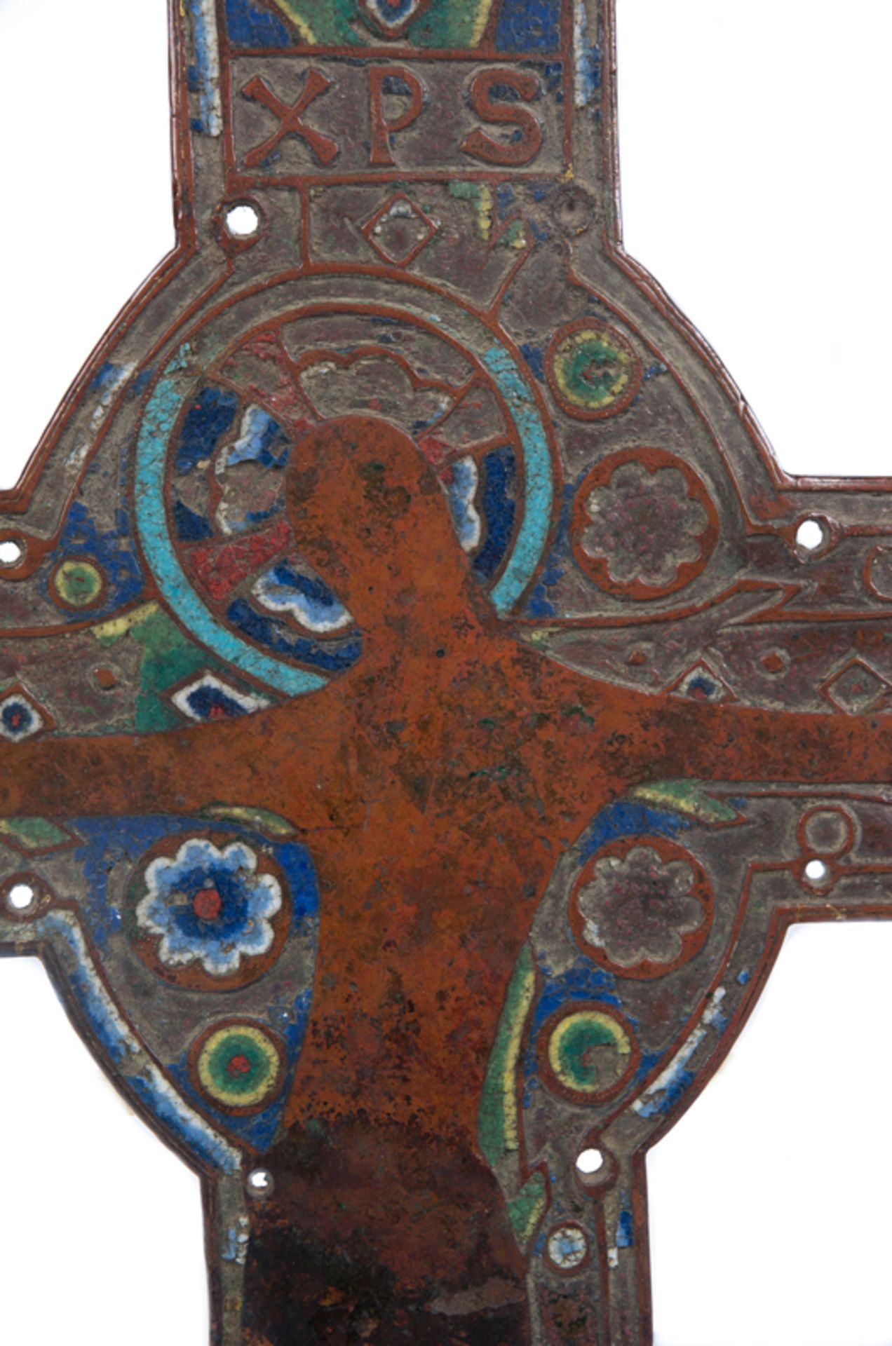 A large chased, engraved and gilded copper cross with champlevé enamel. Limoges. France. Romanesque. - Image 2 of 5