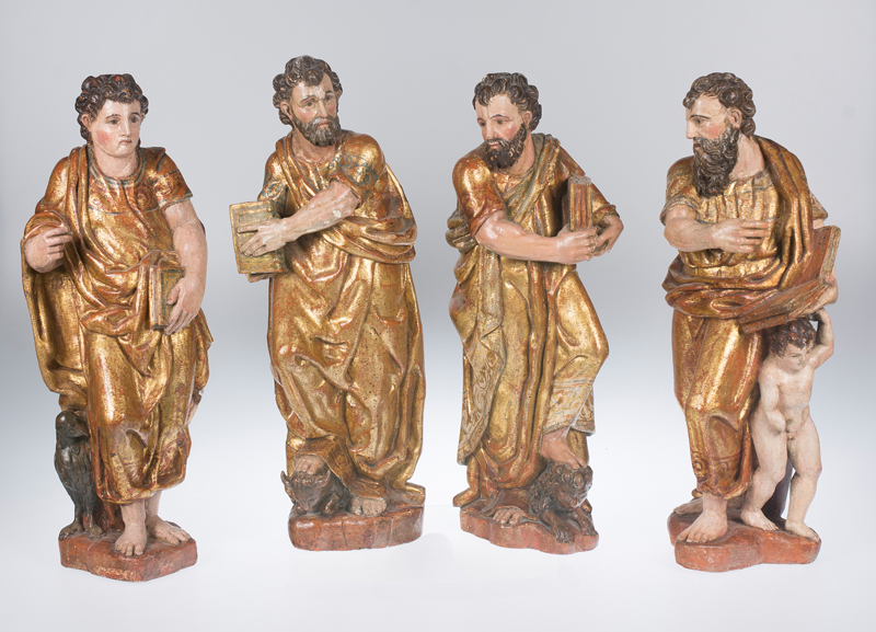 "The Four Evangelists". Carved, gilded and polychromed wooden sculptures. Castilian School. 16th