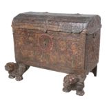 Wooden chest covered with embossed and polychromed leather and iron fittings. Colonial.