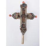 Carved wooden pectoral cross with gilded and chased silver mounting with gemstones. Greece. 17th - 1