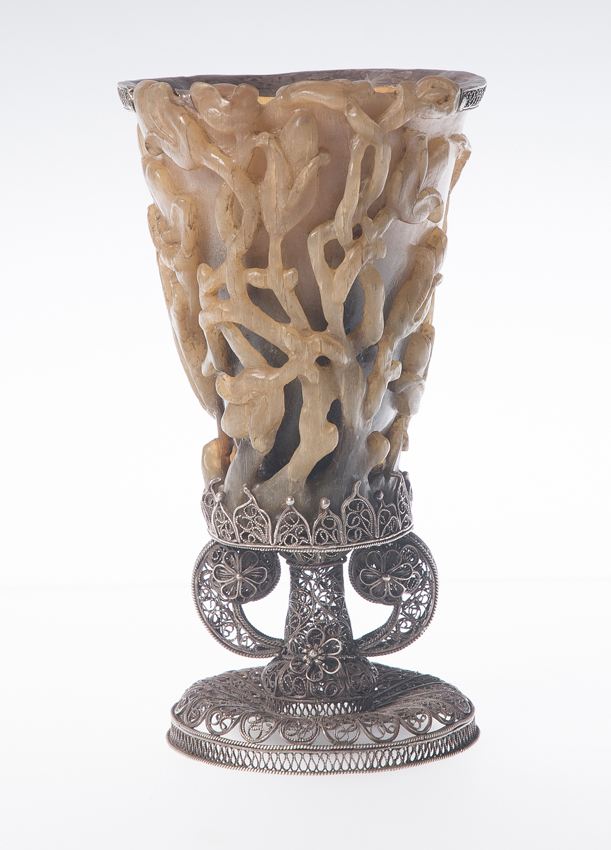 Rhinoceros horn libation goblet. China. 18th century. Silver filigree mount. Goa, India. 18th cent