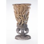 Rhinoceros horn libation goblet. China. 18th century. Silver filigree mount. Goa, India. 18th cent