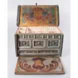Wooden chest covered in polychromed leather and carved, silvered, gilded and polychromed wood, with