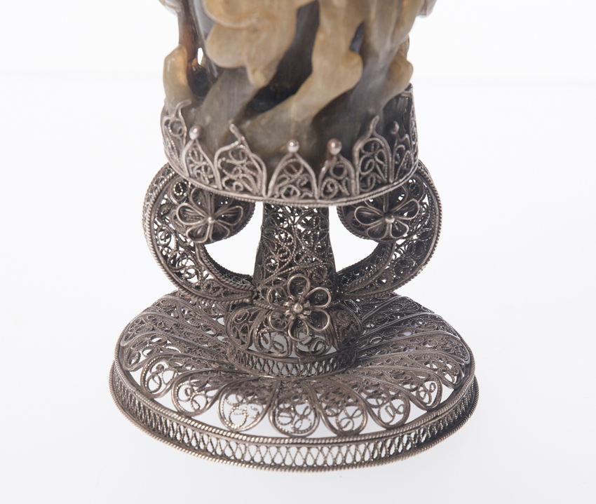 Rhinoceros horn libation goblet. China. 18th century. Silver filigree mount. Goa, India. 18th cent - Image 6 of 9