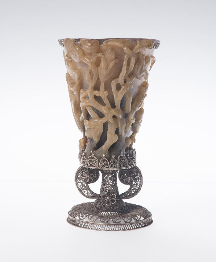 Rhinoceros horn libation goblet. China. 18th century. Silver filigree mount. Goa, India. 18th cent - Image 2 of 9