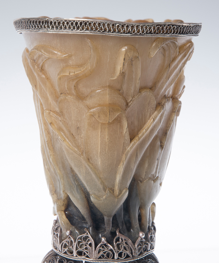 Rhinoceros horn libation goblet. China. 18th century. Silver filigree mount. Goa, India. 18th cent - Image 9 of 9