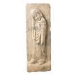 Sculpted marble relief depicting a grieving soldier. Northern Italy. Gothic. 15th century.