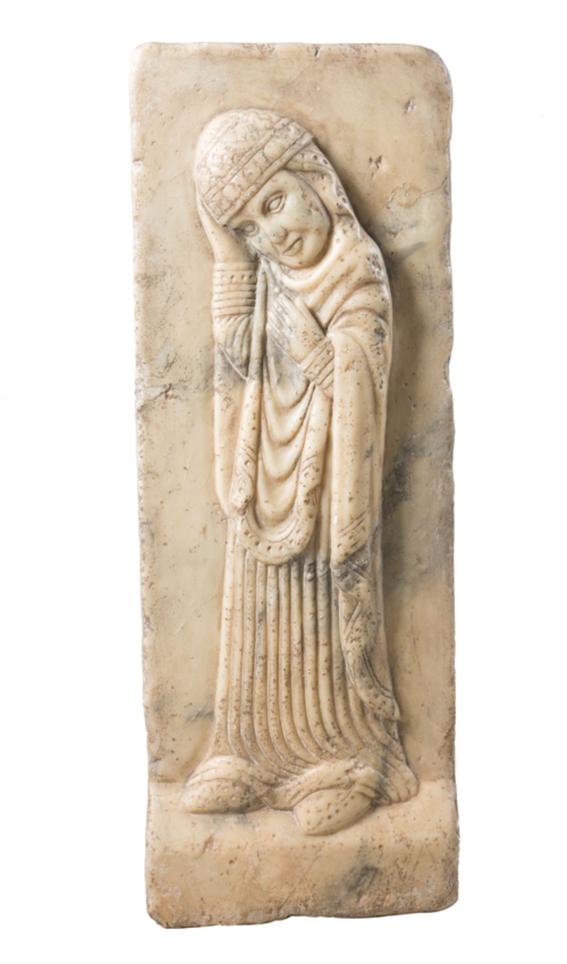 Sculpted marble relief depicting a grieving soldier. Northern Italy. Gothic. 15th century.