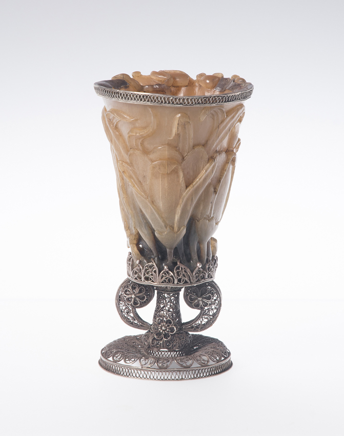 Rhinoceros horn libation goblet. China. 18th century. Silver filigree mount. Goa, India. 18th cent - Image 3 of 9