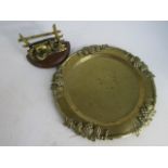 Vintage brass fox letter holder along with a large brass platter