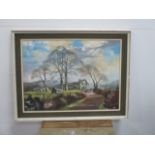 Oil on board country side farm view painting signed J.H