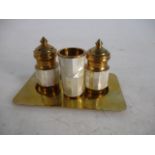 Vintage brass & mother of pearl condiment set, salt & pepper shakers with mustard pot on tray.