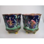 Pair of large English Victorian Majolica Jardinières circa 1880 by Thomas Forester . 12"" high