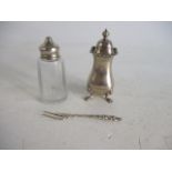 A Bros ltd 1960's silver hallmarked pepper shaker, along with plated salt pot and cocktail fork.