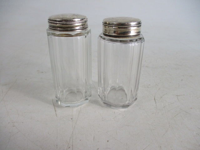 Antique London early 19th century silver topped cut glass dressing table trinkets.