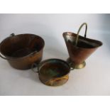 2 x vintage copper pans, plus other.