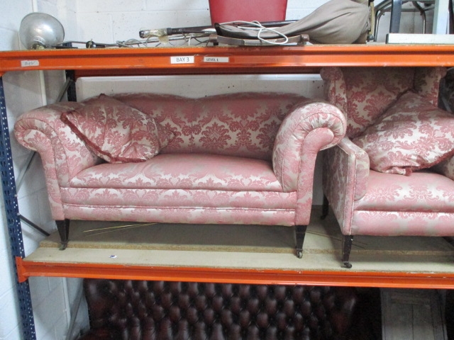 Edwardian 3 piece suite reupholstered in pink material with brass castors - Image 2 of 6