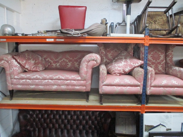 Edwardian 3 piece suite reupholstered in pink material with brass castors