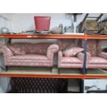 Edwardian 3 piece suite reupholstered in pink material with brass castors