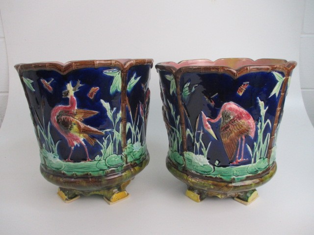 Pair of large English Victorian Majolica Jardinières circa 1880 by Thomas Forester . 12" high