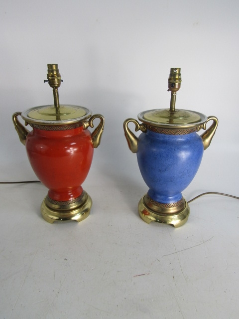 Pair of vintage ceramic table lamps, with shades. H42 x W24.