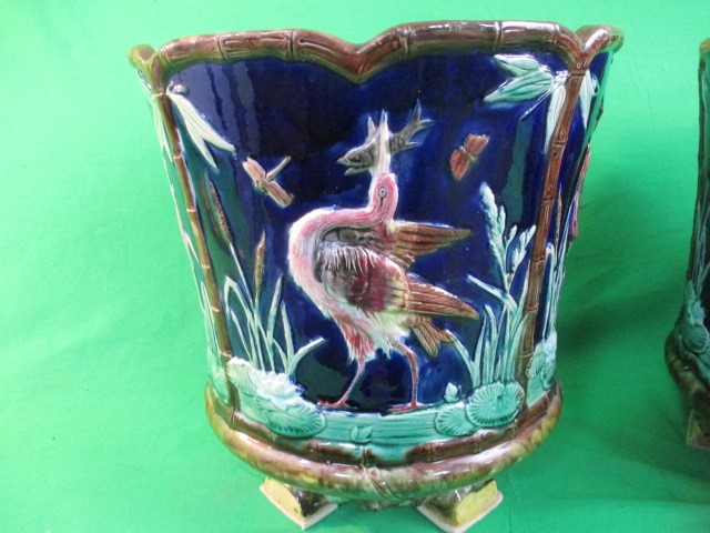 Pair of large English Victorian Majolica Jardinières circa 1880 by Thomas Forester . 12" high - Image 6 of 14