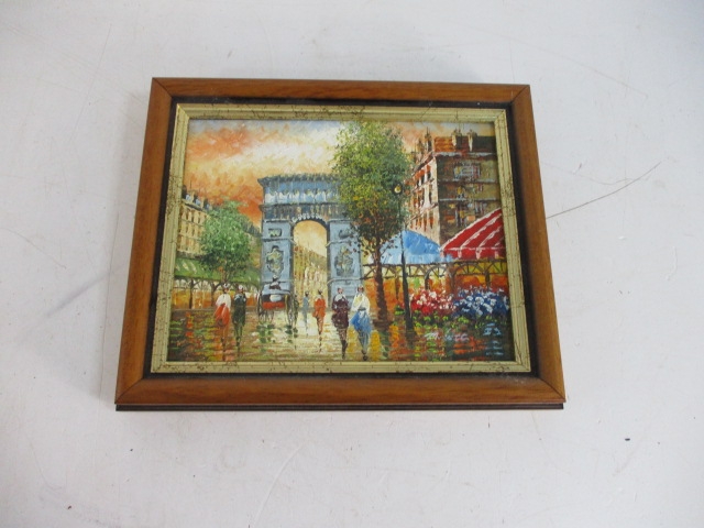 Vintage Burnett oil on canvas "Paris street after rain" Arc De Triomphe, France. L:25cm W:30cm