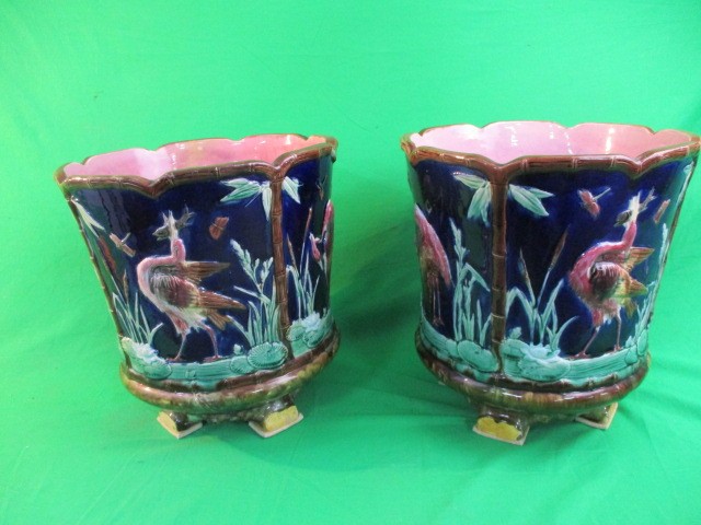 Pair of large English Victorian Majolica Jardinières circa 1880 by Thomas Forester . 12" high - Image 14 of 14