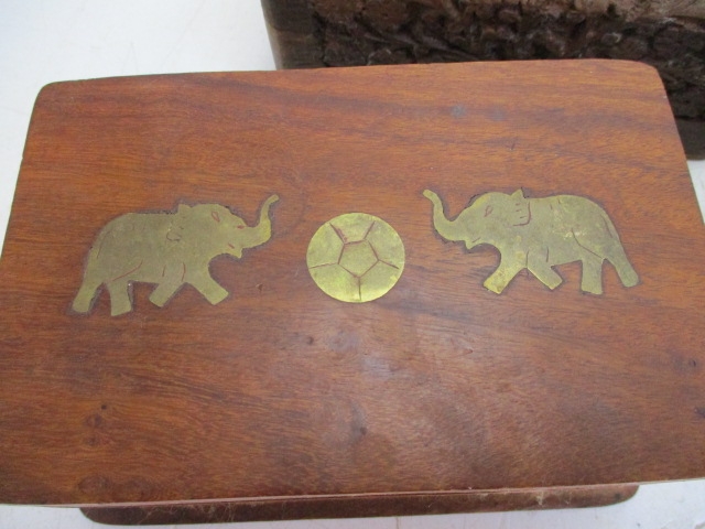 Trio of wooden carved trinket/storage boxes to include, brass inlaid & cigarette box. - Image 2 of 5