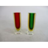 2 x Murano Glass Sommerso Vases red & green, 5 inch tall.