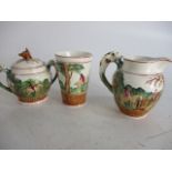 Wedgwood "The hunt" scene dog handle jug and lidded sugar bowl, along with cup. A/F
