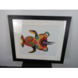 Vintage Manrique framed abstract fish print 71cm x 60cm