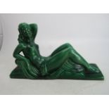 Charles Lemanceau .Art Deco Green glazed eclining nude, c1925. H. 31 cm, 55 x 15 cm. Marked: Ch.