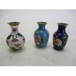 Trio of miniature Cloisonne vases. 6cms tall.