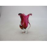 Vintage heavy Czech art glass pink/amber Josef Hospodka vase, 8 1/2 inch.