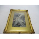 Antique gilt framed silk picture depicting blindfolded man with group in period costume. W12 x H17