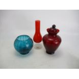 Trio of coloured glass to include tall orange/white pedestal vase etc.