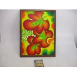Large acrylic on board vibrant leaf abstract Signed Udo Burkhardt 96, W19 x H25 inch.