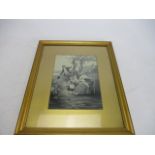 Antique gilt framed admirer, garden scene silk picture, W14 x H17 inch.