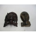 Wooden carved Indonesian princess/goddess A/F along with wooden face wall plaque.