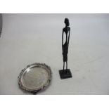 Metal figurine A/F, along with heavy silver plate tray.