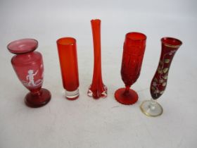 Selection of Ruby glass to include vases
