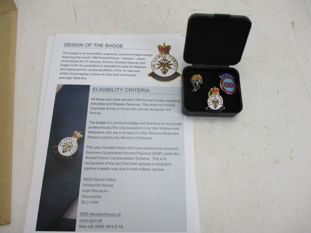 Trio of military pin badges to include HM armed forces veteran, National service Veteran & R.E Mai.