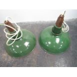 Pair of enamel industrial light shades with gantry's 35cm diameter