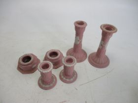 Trio set of pink Jasperware Wedgwood to include candle sticks/ candle holders Lot 4