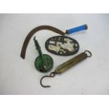 Collection of metal tools etc to include cast kettle stand, bean slicer and scales.